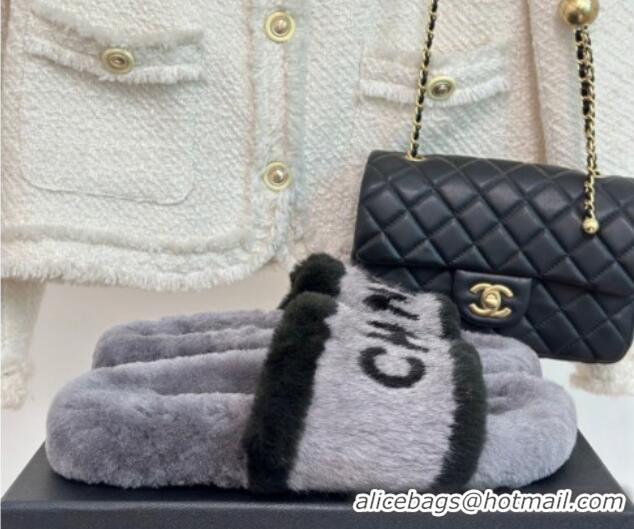 Top Quality Chanel Wool Flat Slide Sandals Grey 011051