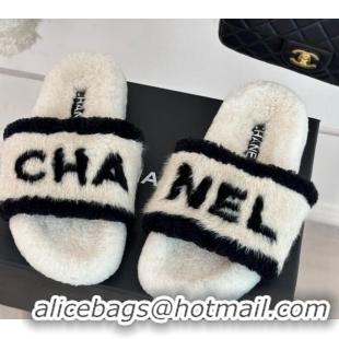 Unique Style Chanel Wool Flat Slide Sandals White 11052