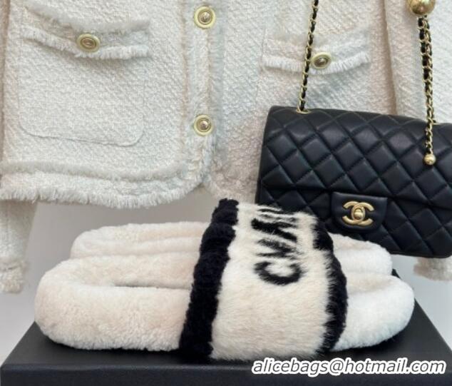 Unique Style Chanel Wool Flat Slide Sandals White 11052