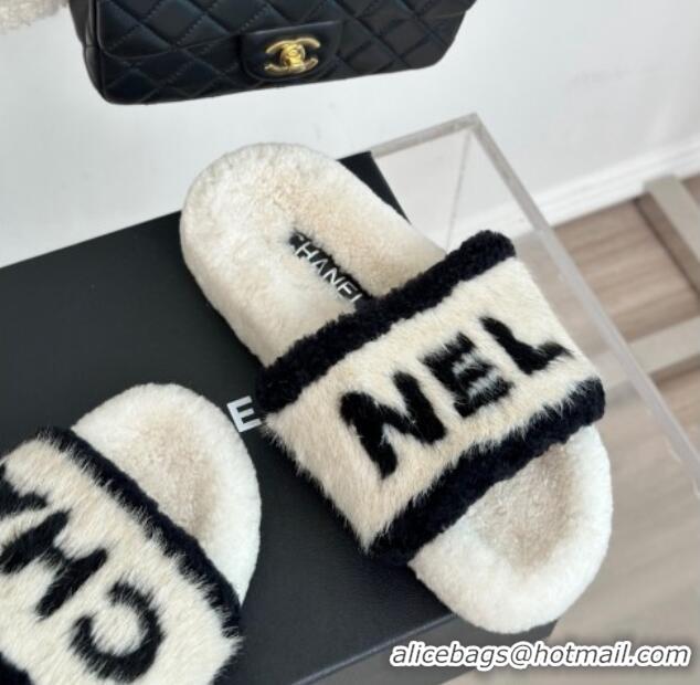 Unique Style Chanel Wool Flat Slide Sandals White 11052