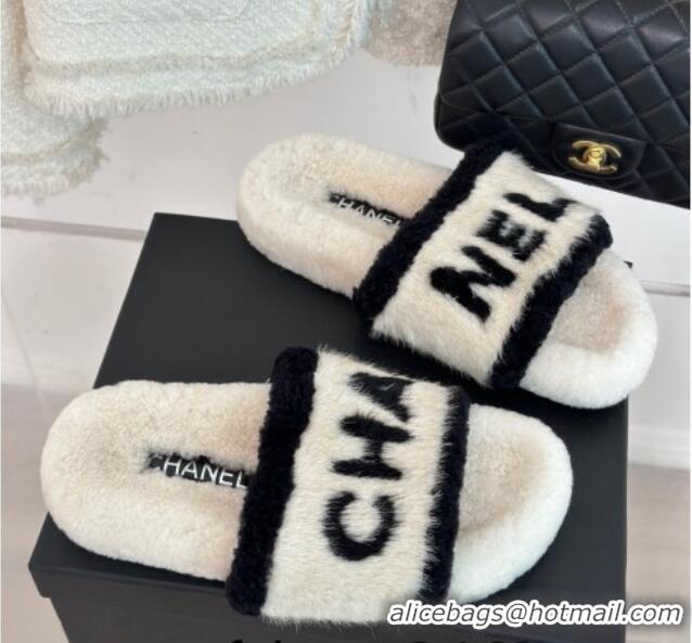 Unique Style Chanel Wool Flat Slide Sandals White 11052