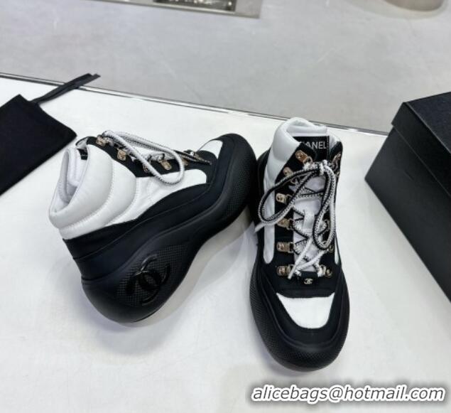 Luxurious Chanel Coco Neige Fabric and Calfskin Snow Sneakers 5cm G45337 White/Black 011066