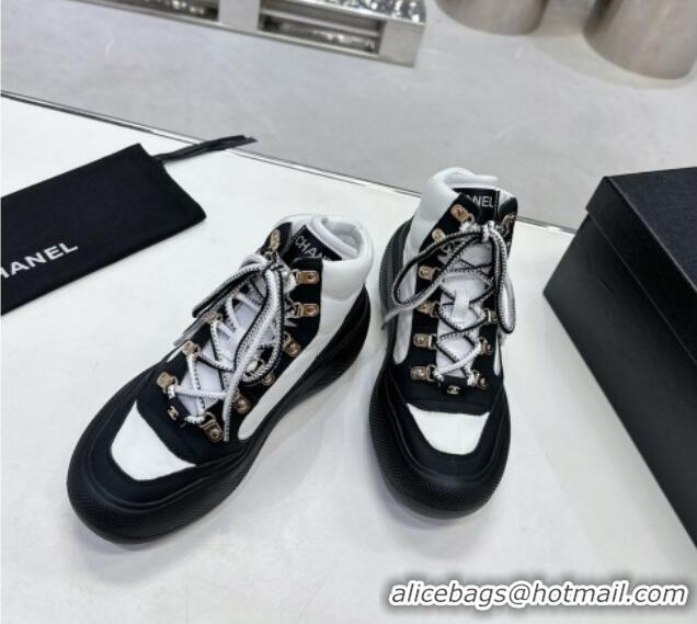 Luxurious Chanel Coco Neige Fabric and Calfskin Snow Sneakers 5cm G45337 White/Black 011066