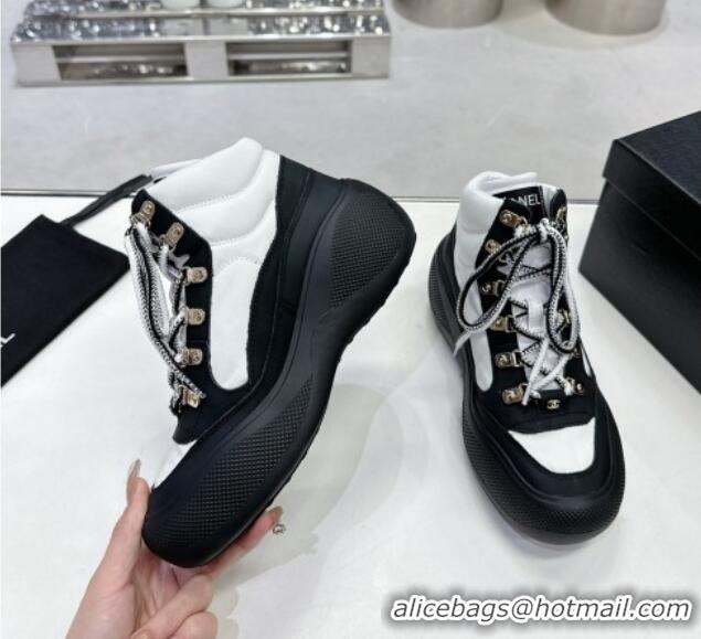 Luxurious Chanel Coco Neige Fabric and Calfskin Snow Sneakers 5cm G45337 White/Black 011066