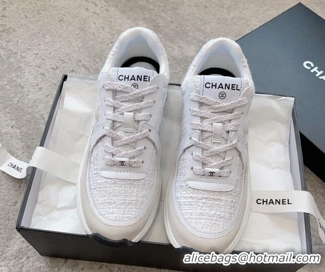 Feminine Chanel Tweed & Leather Sneakers G38299 White 011077