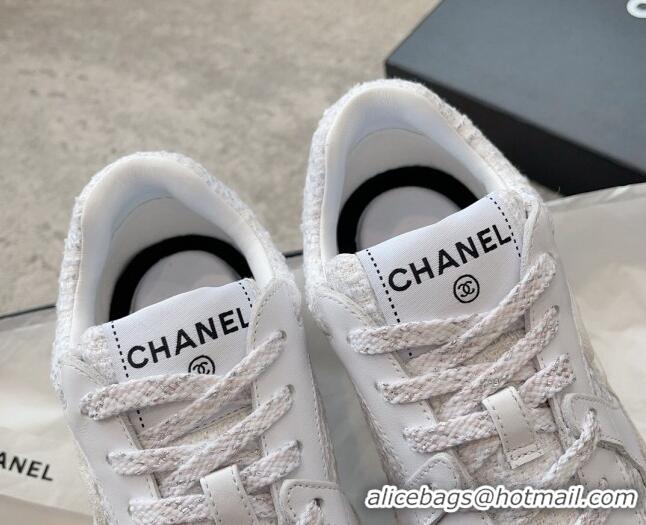 Feminine Chanel Tweed & Leather Sneakers G38299 White 011077