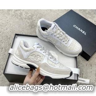 AAAAA Chanel Tweed & Leather Sneakers G38299 Light Grey 011078