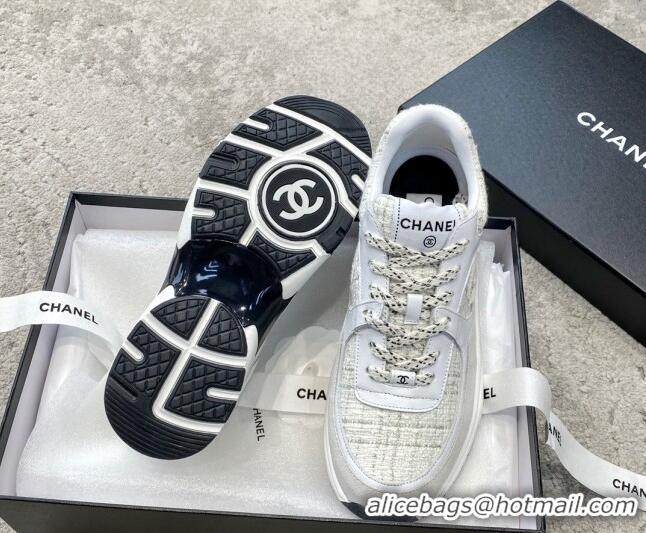 AAAAA Chanel Tweed & Leather Sneakers G38299 Light Grey 011078