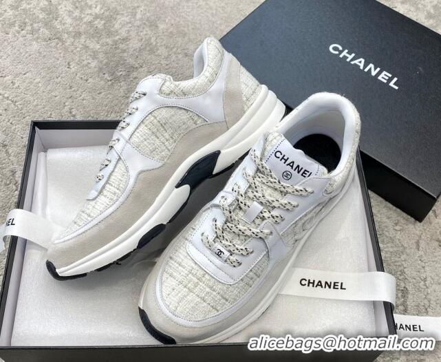 AAAAA Chanel Tweed & Leather Sneakers G38299 Light Grey 011078