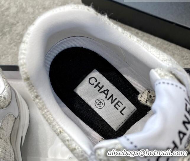 AAAAA Chanel Tweed & Leather Sneakers G38299 Light Grey 011078