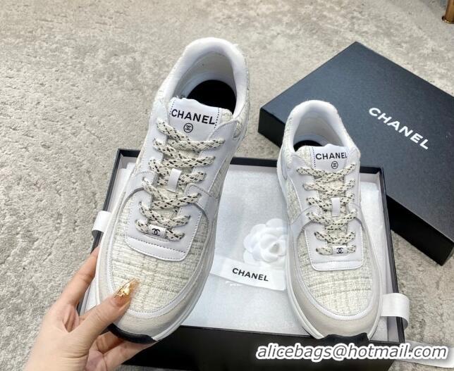 AAAAA Chanel Tweed & Leather Sneakers G38299 Light Grey 011078