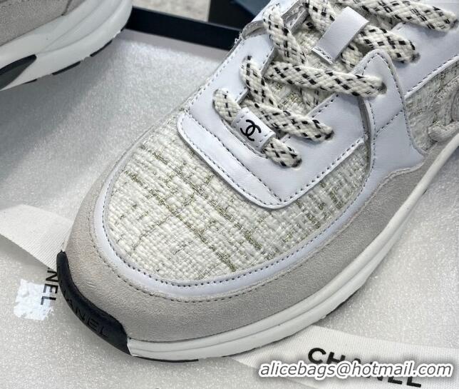 AAAAA Chanel Tweed & Leather Sneakers G38299 Light Grey 011078