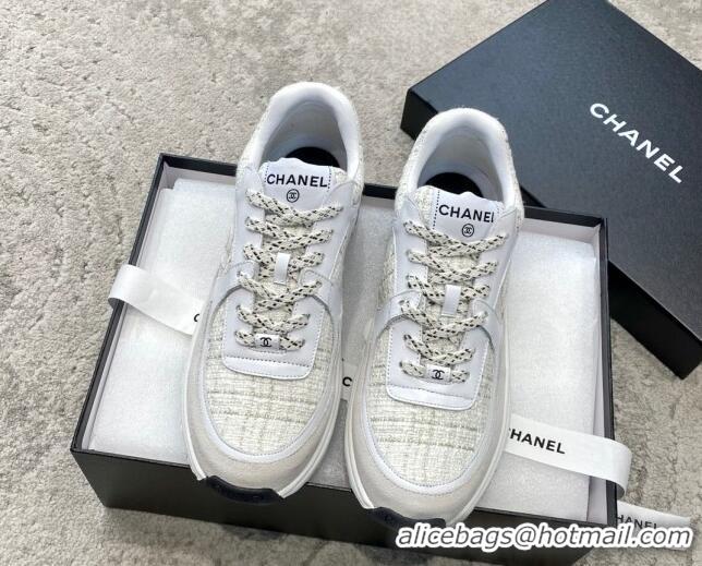 AAAAA Chanel Tweed & Leather Sneakers G38299 Light Grey 011078