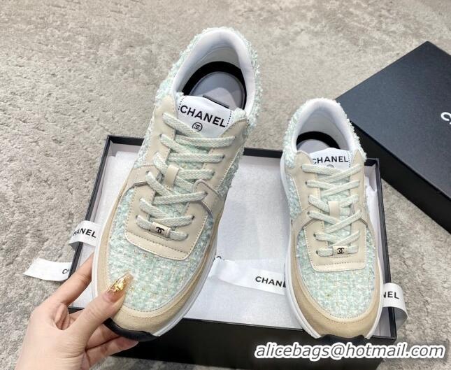 Sumptuous Chanel Tweed & Leather Sneakers G38299 Light Green 011079