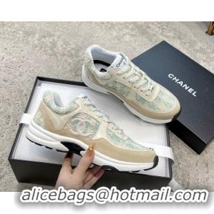 Sophisticated Chanel Tweed & Leather Sneakers G38299 Green/White 011080