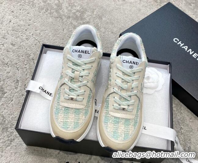 Sophisticated Chanel Tweed & Leather Sneakers G38299 Green/White 011080