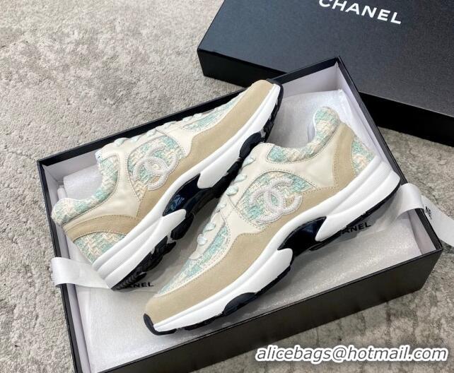 Sophisticated Chanel Tweed & Leather Sneakers G38299 Green/White 011080