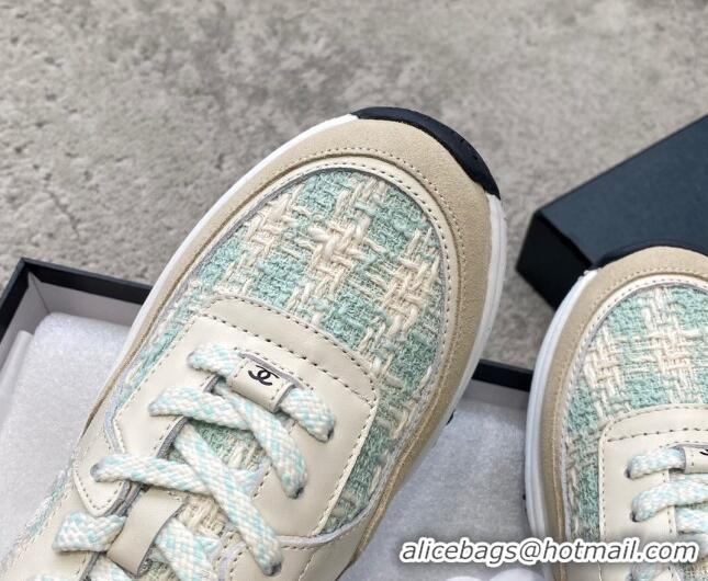 Sophisticated Chanel Tweed & Leather Sneakers G38299 Green/White 011080