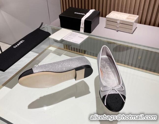 Duplicate Chanel Classic Glitter Ballet Flat Silver 014050