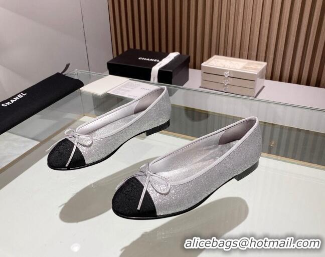 Duplicate Chanel Classic Glitter Ballet Flat Silver 014050