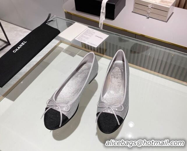 Duplicate Chanel Classic Glitter Ballet Flat Silver 014050