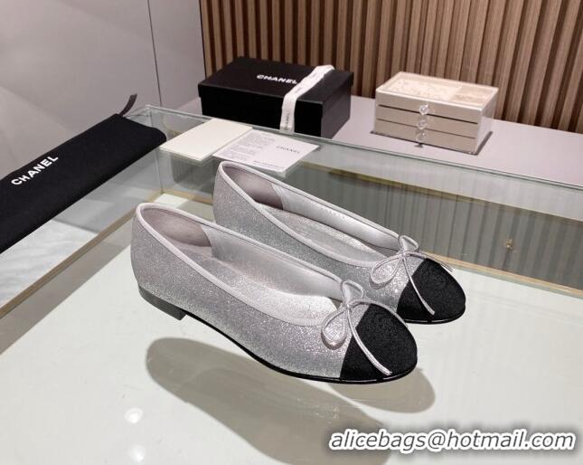 Duplicate Chanel Classic Glitter Ballet Flat Silver 014050