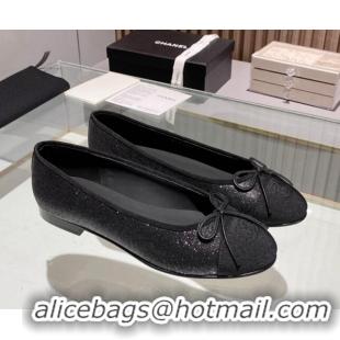 Stylish Chanel Classic Glitter Ballet Flat Black 014051