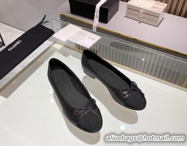 Stylish Chanel Classic Glitter Ballet Flat Black 014051