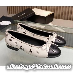 Buy Luxury Chanel Classic Logo Printed Leather Ballet Flat White 014052