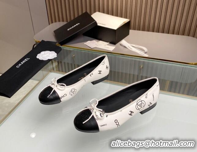 Buy Luxury Chanel Classic Logo Printed Leather Ballet Flat White 014052