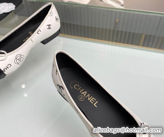 Buy Luxury Chanel Classic Logo Printed Leather Ballet Flat White 014052