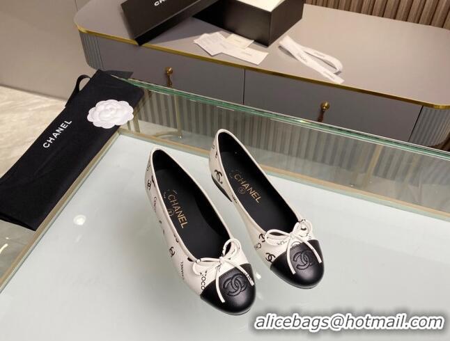 Buy Luxury Chanel Classic Logo Printed Leather Ballet Flat White 014052