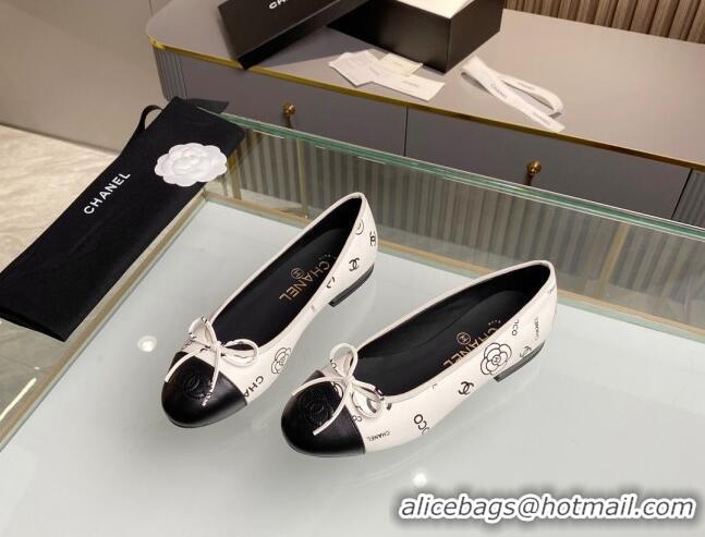 Buy Luxury Chanel Classic Logo Printed Leather Ballet Flat White 014052