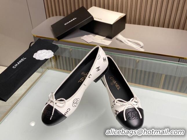 Buy Luxury Chanel Classic Logo Printed Leather Ballet Flat White 014052