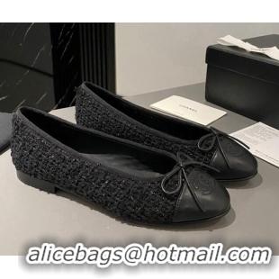 Shop Cheap Chanel Tweed & Leather Classic Ballet Flat All Black 014083