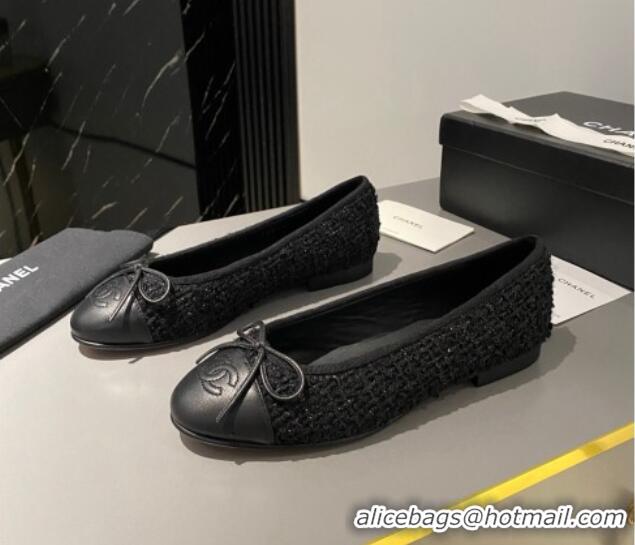 Shop Cheap Chanel Tweed & Leather Classic Ballet Flat All Black 014083