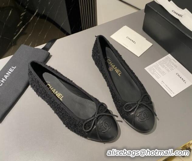 Shop Cheap Chanel Tweed & Leather Classic Ballet Flat All Black 014083