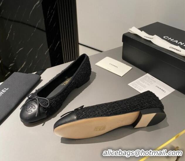 Shop Cheap Chanel Tweed & Leather Classic Ballet Flat All Black 014083