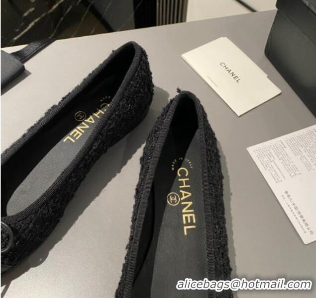 Shop Cheap Chanel Tweed & Leather Classic Ballet Flat All Black 014083