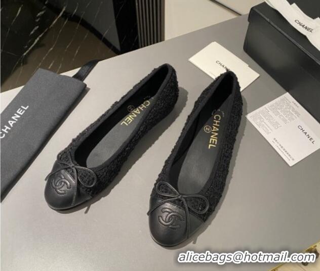 Shop Cheap Chanel Tweed & Leather Classic Ballet Flat All Black 014083