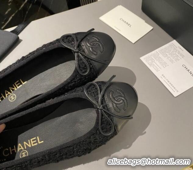 Shop Cheap Chanel Tweed & Leather Classic Ballet Flat All Black 014083