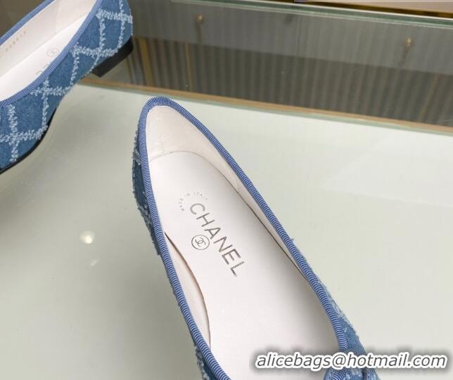 Good Quality Chanel Quilted Denim Classic Ballet Flat Light Blue 014053