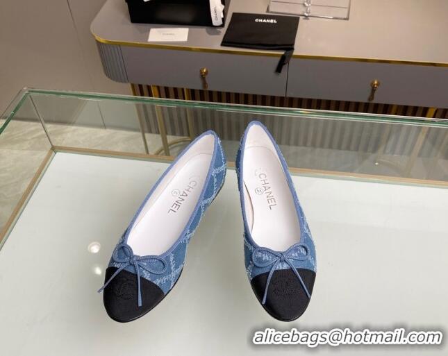 Good Quality Chanel Quilted Denim Classic Ballet Flat Light Blue 014053