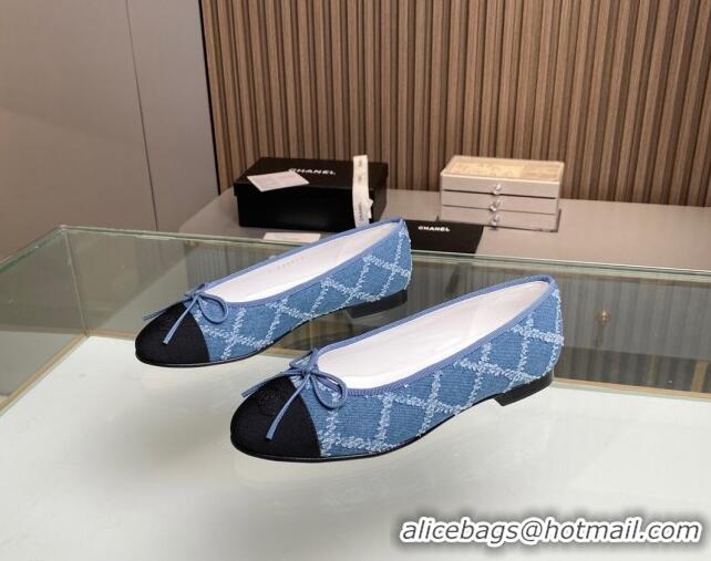 Good Quality Chanel Quilted Denim Classic Ballet Flat Light Blue 014053