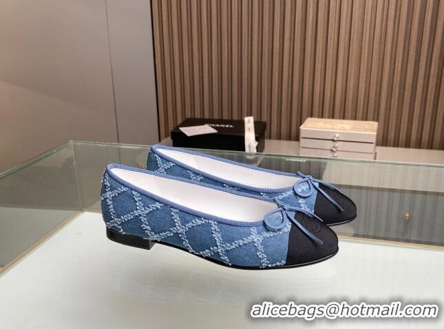 Good Quality Chanel Quilted Denim Classic Ballet Flat Light Blue 014053