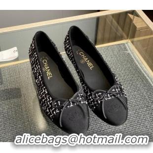 Top Grade Chanel Tweed & Grosgrain Classic Ballet Flat Black/White 014056