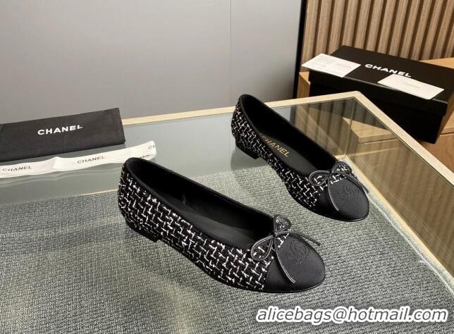 Top Grade Chanel Tweed & Grosgrain Classic Ballet Flat Black/White 014056