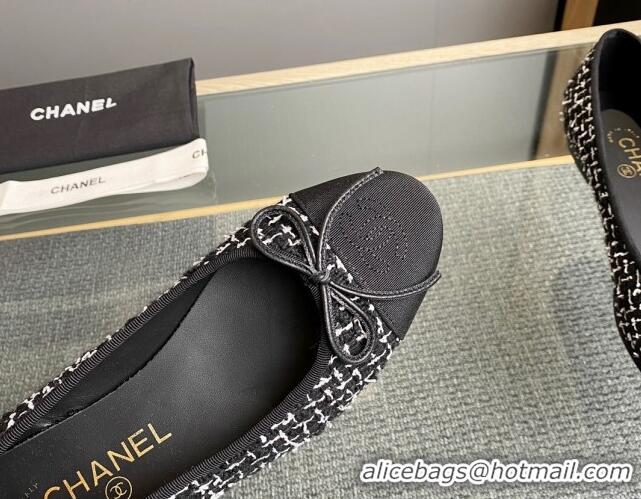 Top Grade Chanel Tweed & Grosgrain Classic Ballet Flat Black/White 014056