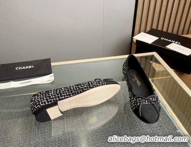 Top Grade Chanel Tweed & Grosgrain Classic Ballet Flat Black/White 014056