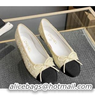 Luxurious Chanel Tweed & Grosgrain Classic Ballet Flat Light Yellow 014057